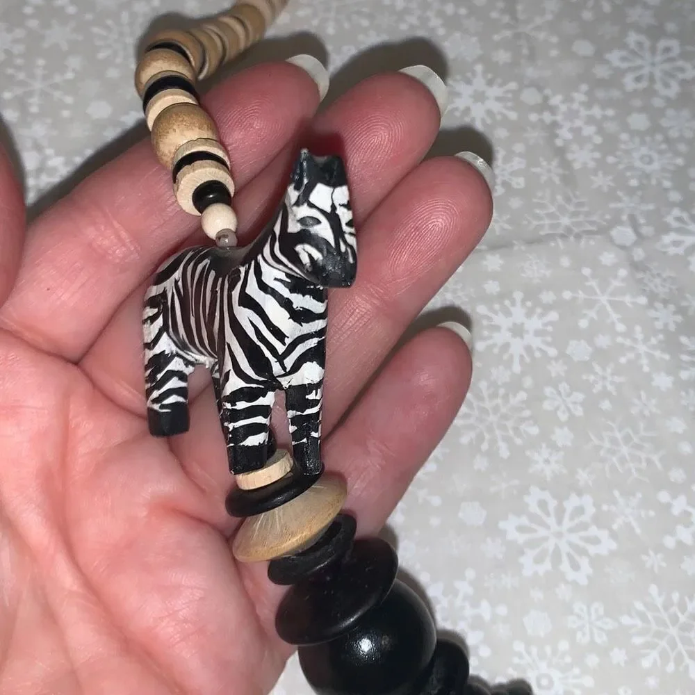 Vintage‎ Wood Hand Carved Zebra Bead Necklace 29”
